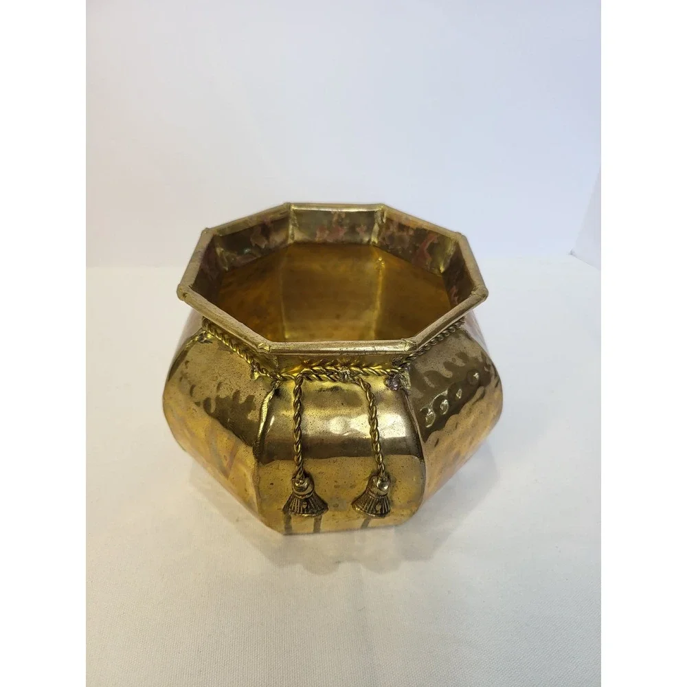 Vintage Octagonal Hammered Brass Planter Tassel Rope Hollywood Regency Bowl